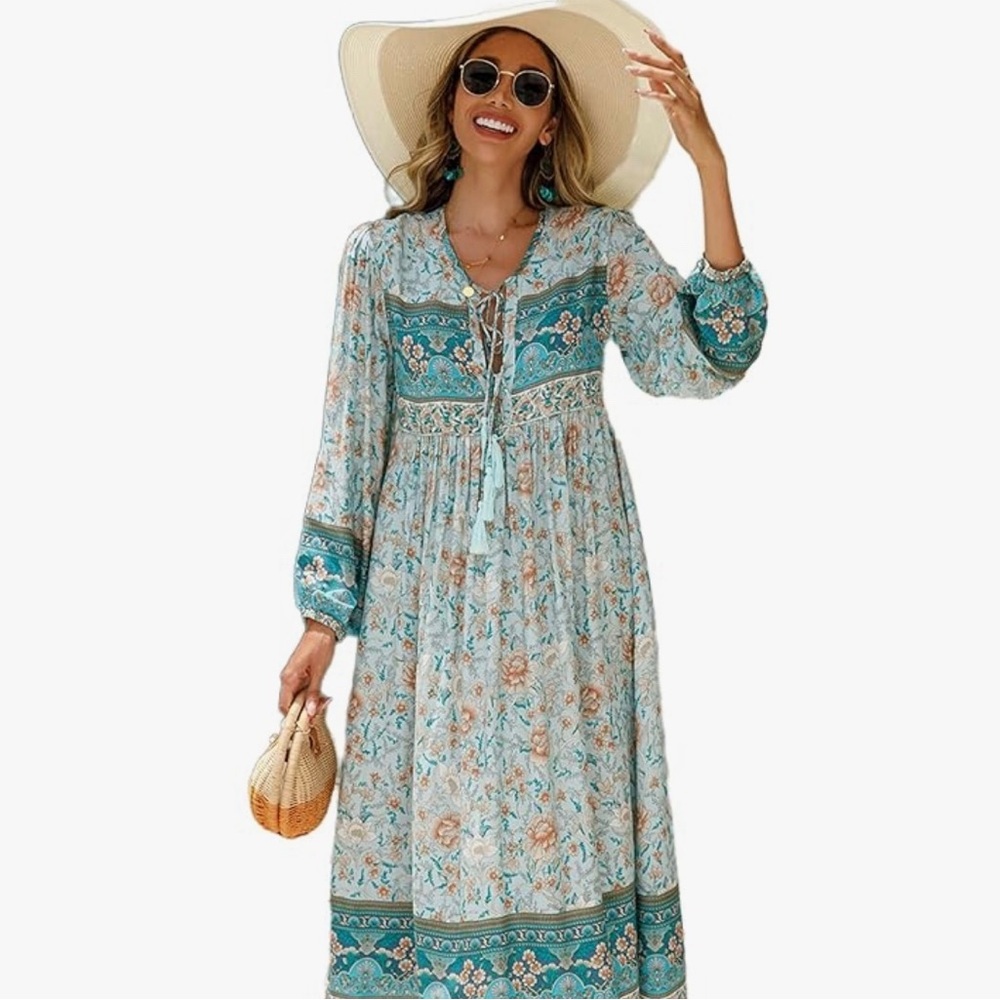 Boho Long Sleeve Silk Maxi Dress